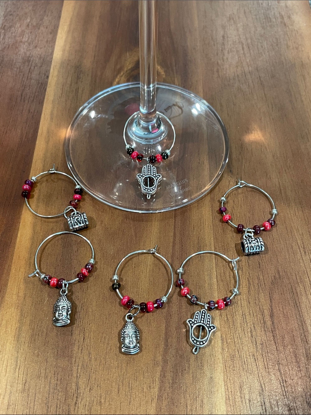 Hand Crafted Beaded Wine Glass Charms with Silver Hamsa & Buddha Charms